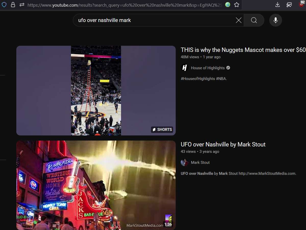 YouTube results for UFO Over Nashville Mark filtered by less than 4 minutes